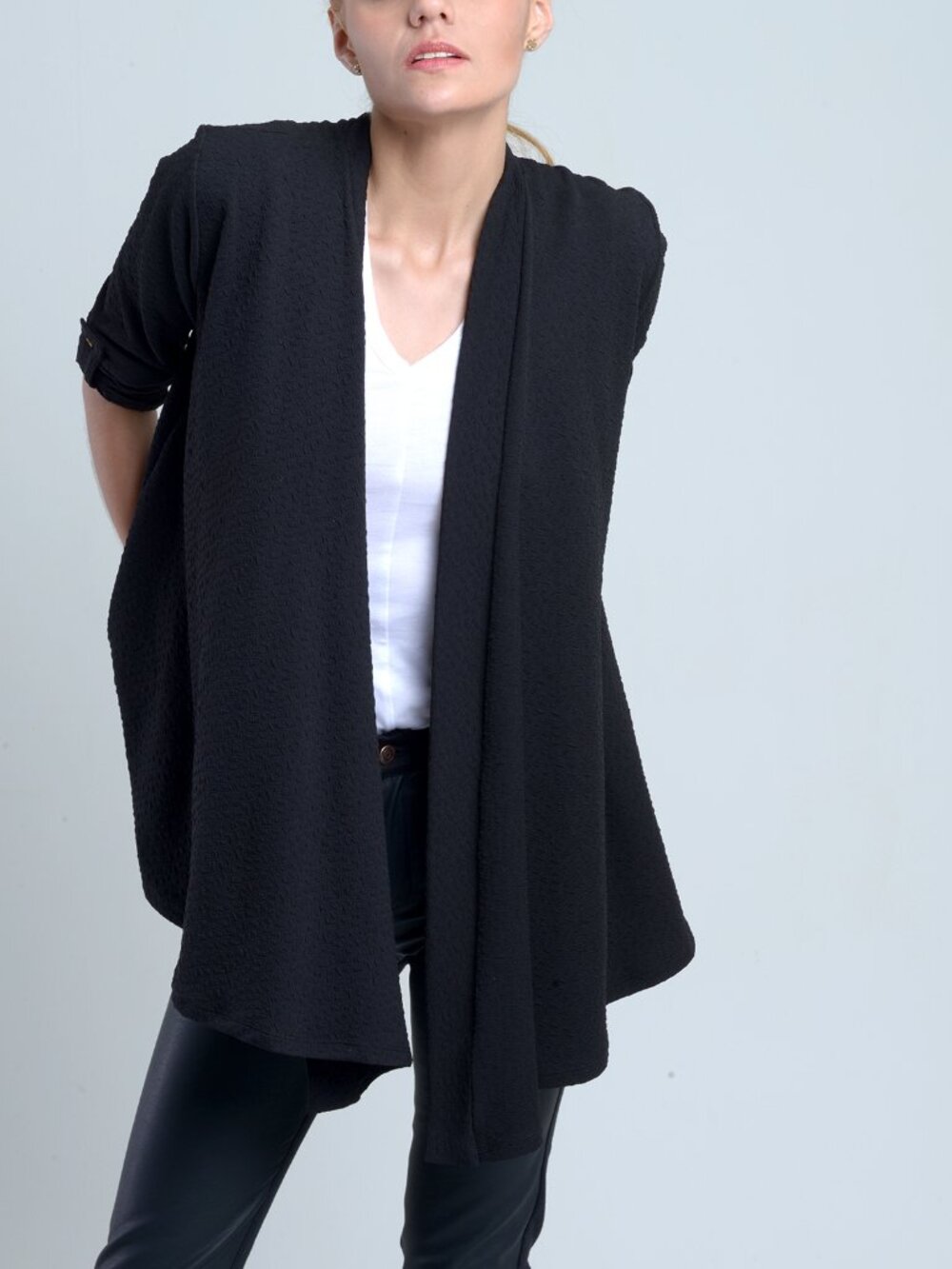 Black Waterfall Cardigan | Textured Jersey Open Front Lightweight Jacket